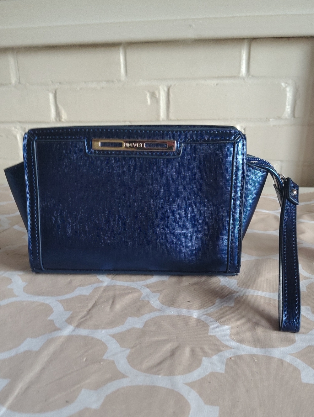 Nine West Metallic Blue Wristlet Clutch Silver Tone Accent Purse